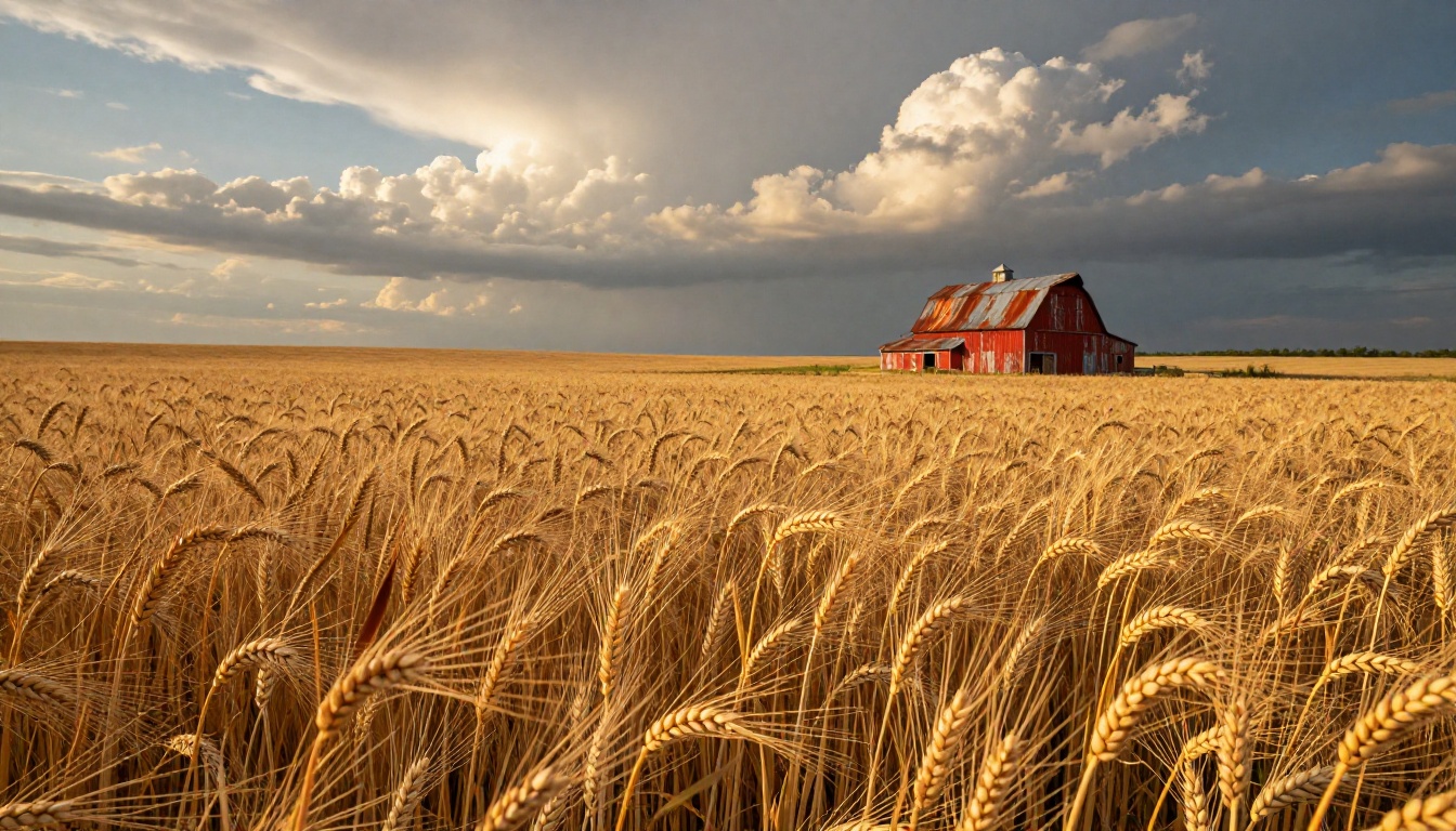 Kansas wheat field at golden hour, photorealistic wide-angle farm landscape