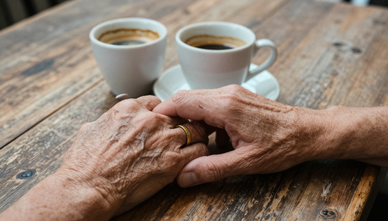 Two hands of different ages intertwined on a cafe table, close-up skin texture and aging detail