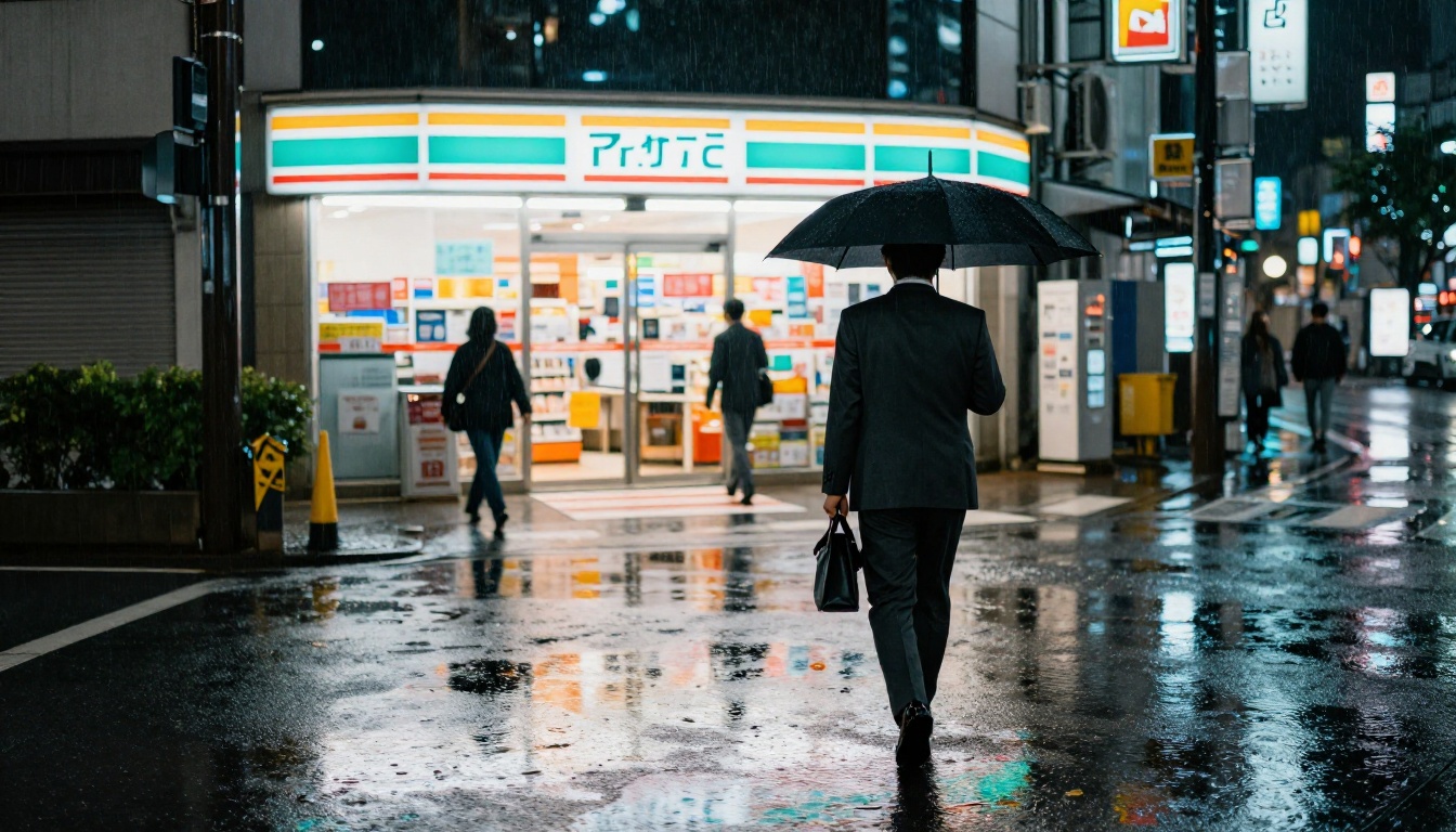 Tokyo Shinjuku at night in the rain, neon reflections on wet asphalt, cinematic street photography