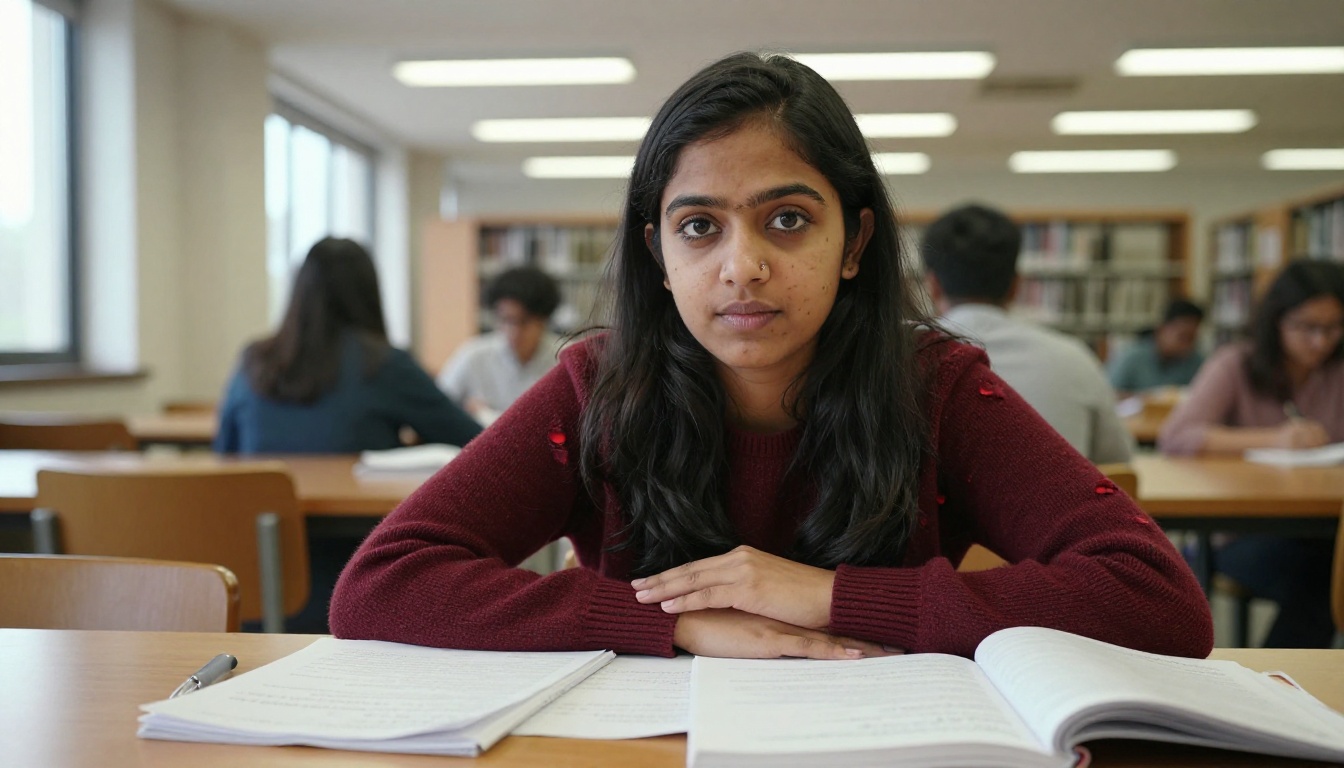 South Asian woman in a university library, natural editorial portrait, no retouching