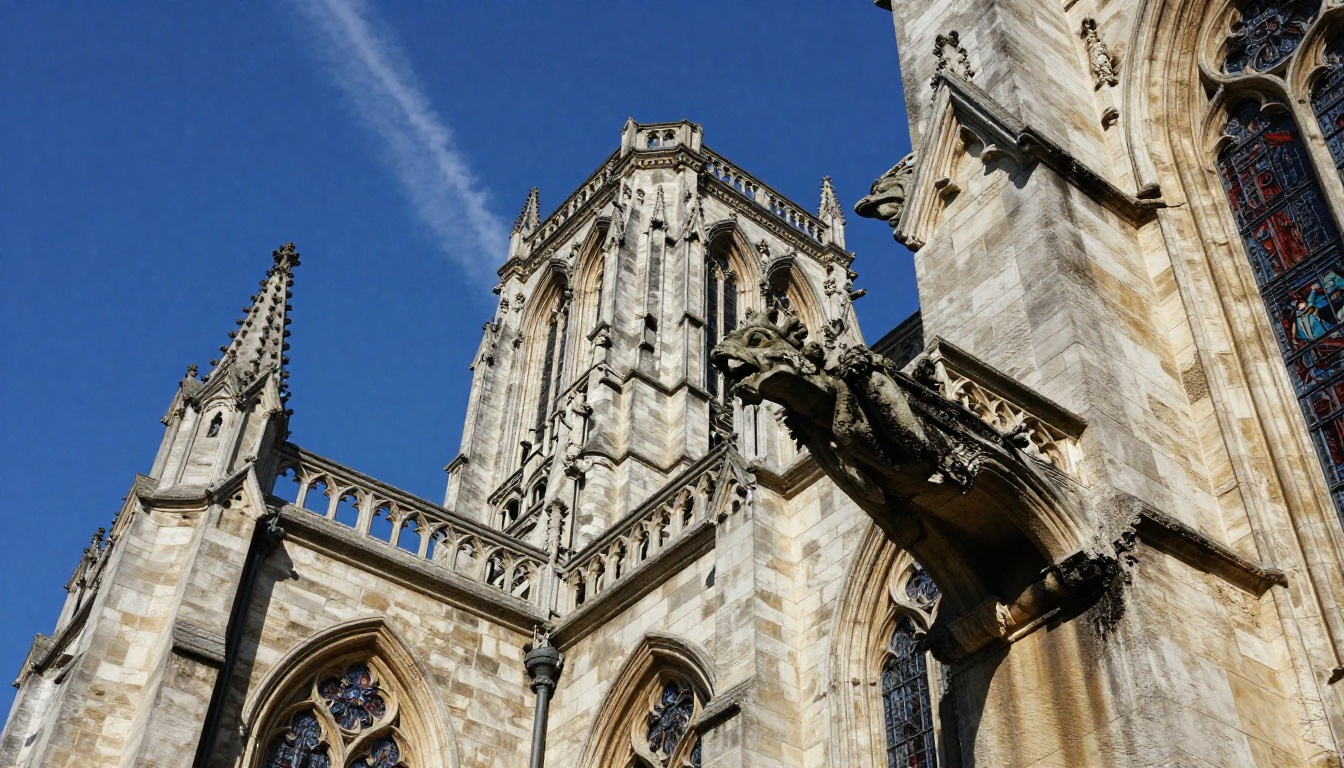 19th-century Gothic cathedral exterior, low-angle view, stone gargoyle and stained glass, photorealistic architectural detail