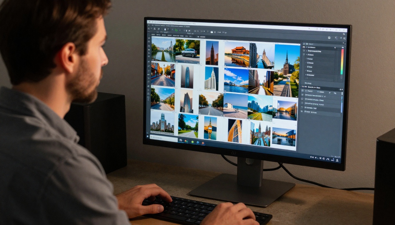 Man at standing desk reviewing AI-generated image grids on large monitor