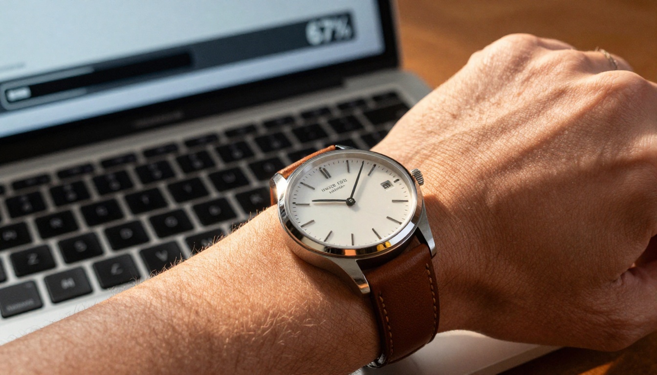 Wristwatch beside laptop showing loading bar at 67 percent mid-generation