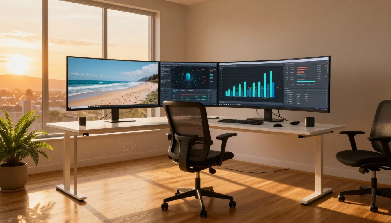 Modern home office at golden hour with dual monitors showing video benchmark comparison