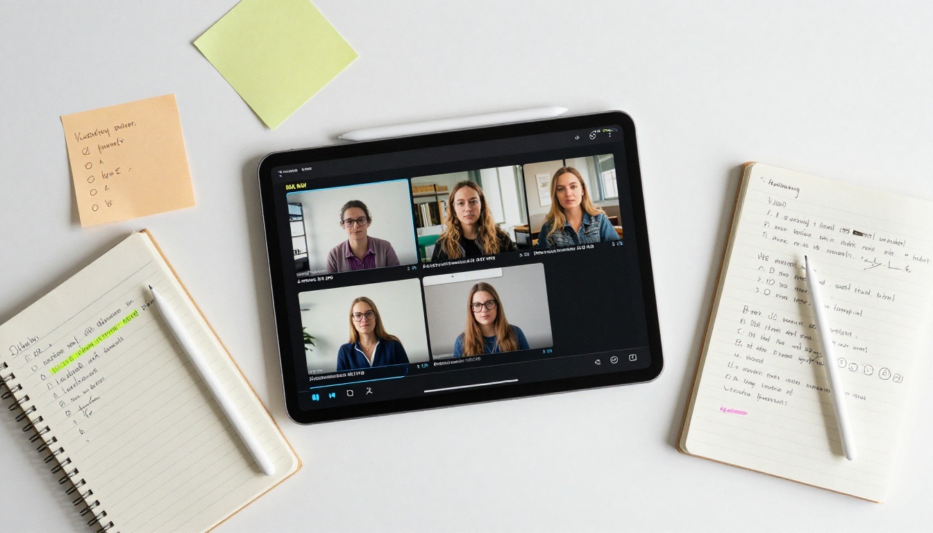 Overhead shot of color-coded benchmark notes on tablet and open notebook