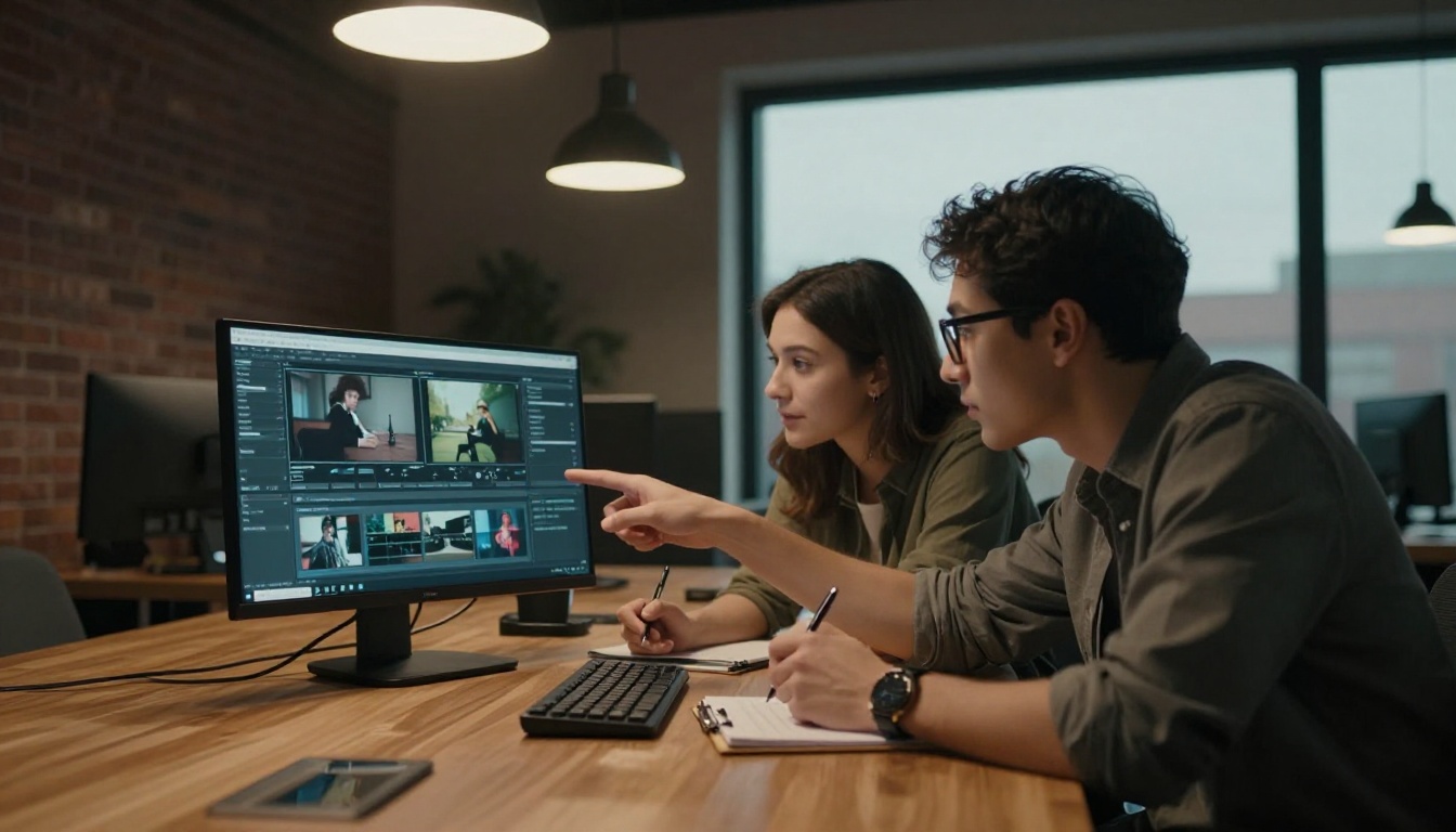 Two creative professionals collaborating over AI video output on a shared agency monitor