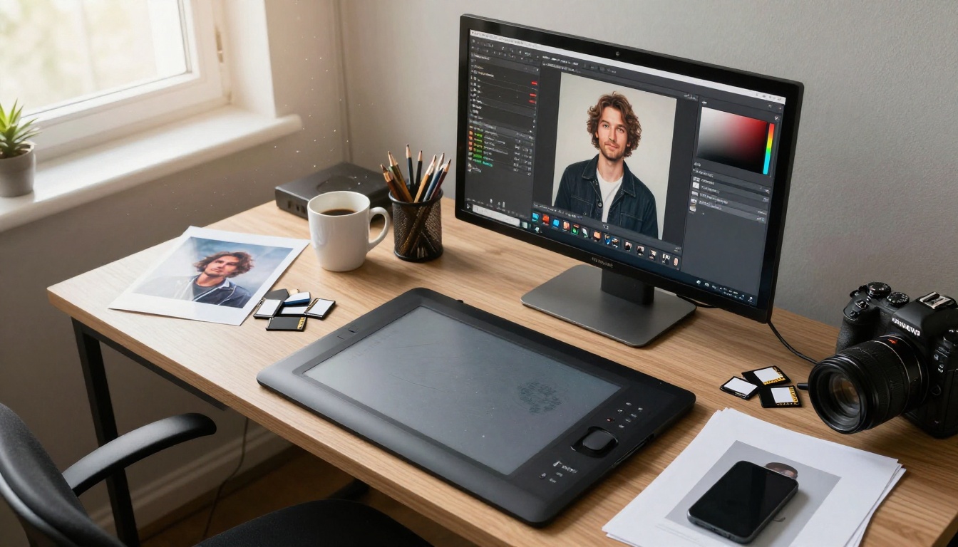 Photographer's editing desk with Wacom tablet and retouching workflow Photographer's editing desk with Wacom tablet and retouching workflow