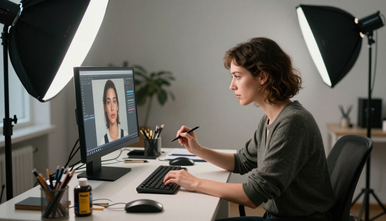Professional retouching artist at workstation studying portrait on large monitor Professional retouching artist at workstation studying portrait on large monitor