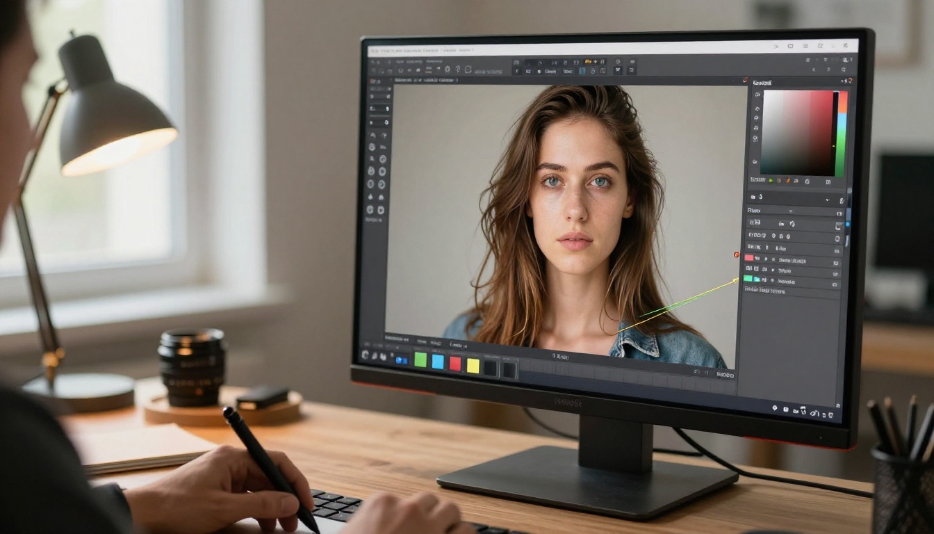 Professional color grading workspace showing portrait correction curves Professional color grading workspace showing portrait correction curves