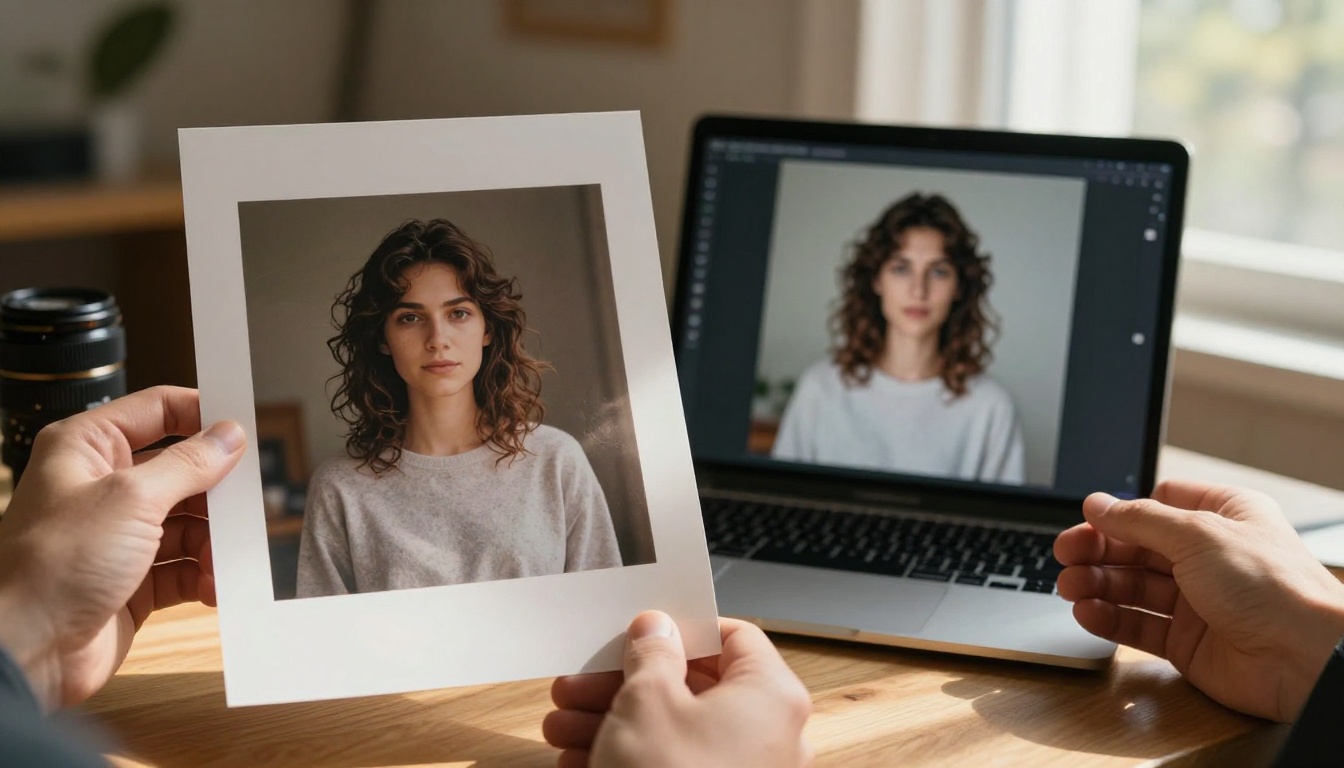 Retouching professional comparing printed photograph to digital display Retouching professional comparing printed photograph to digital display