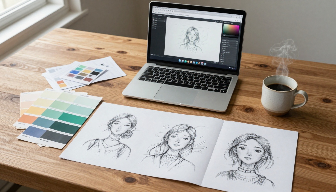 Creative workspace with color swatches and AI model selection interface on laptop Creative workspace with color swatches and AI model selection interface on laptop
