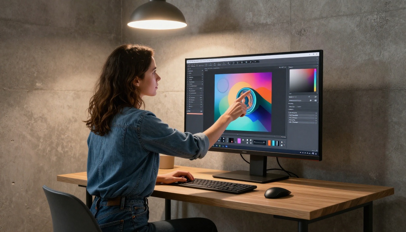 Designer pointing at touchscreen showing text layer controls in AI editing tool Designer pointing at touchscreen showing text layer controls in AI editing tool