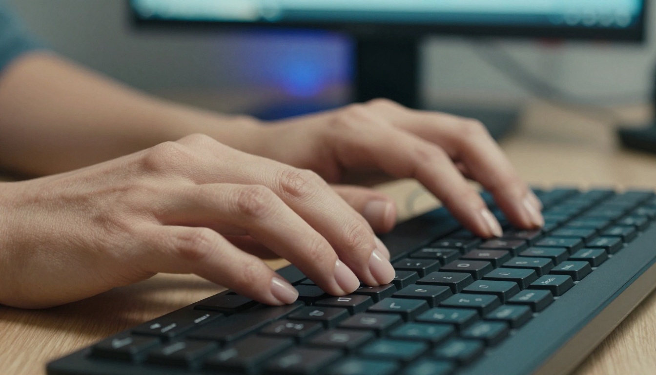 Woman's hands typing on mechanical keyboard creating AI image prompt Woman's hands typing on mechanical keyboard creating AI image prompt