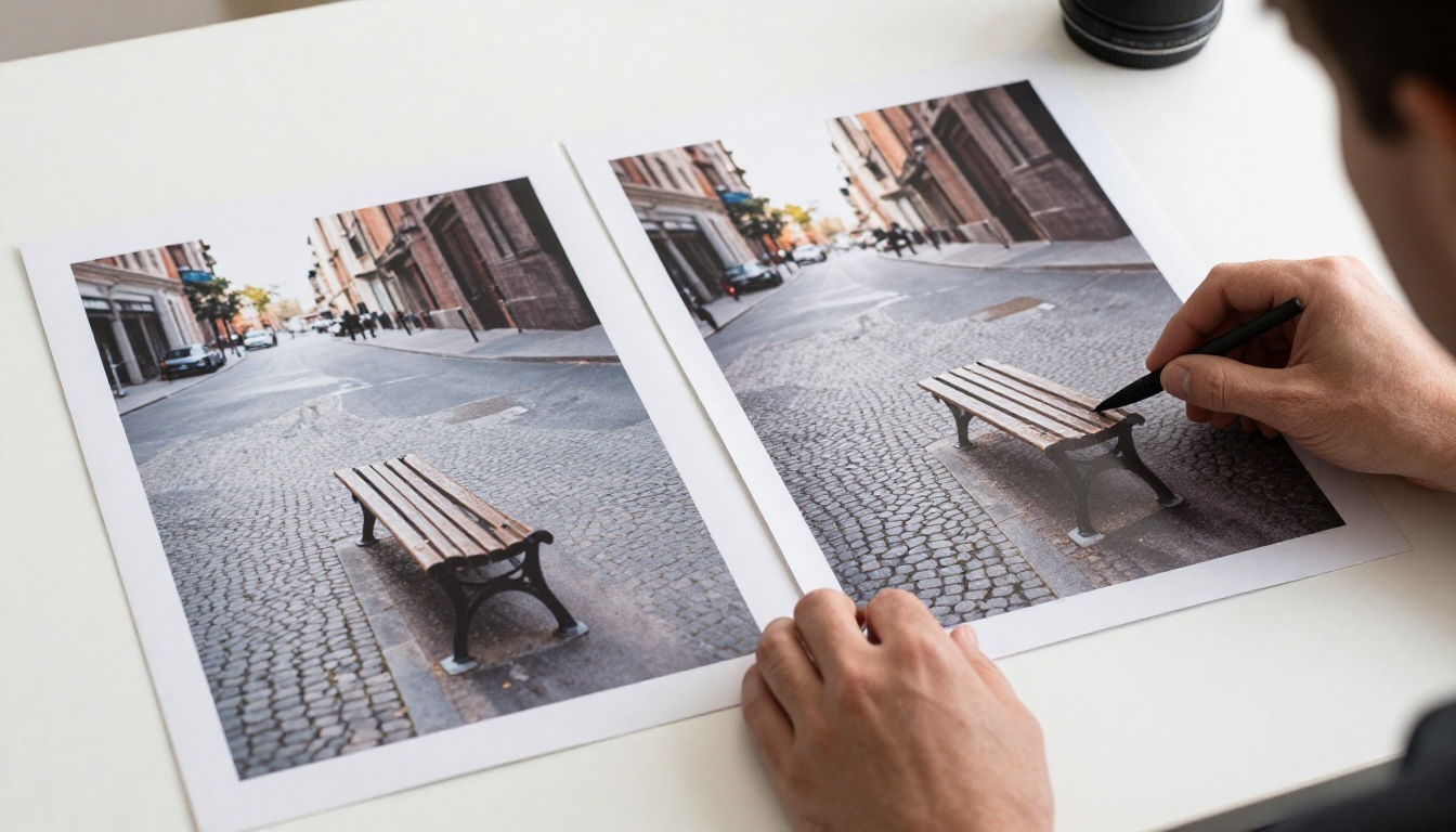Before and after comparison of object removal, prints on light table Before and after comparison of object removal, prints on light table