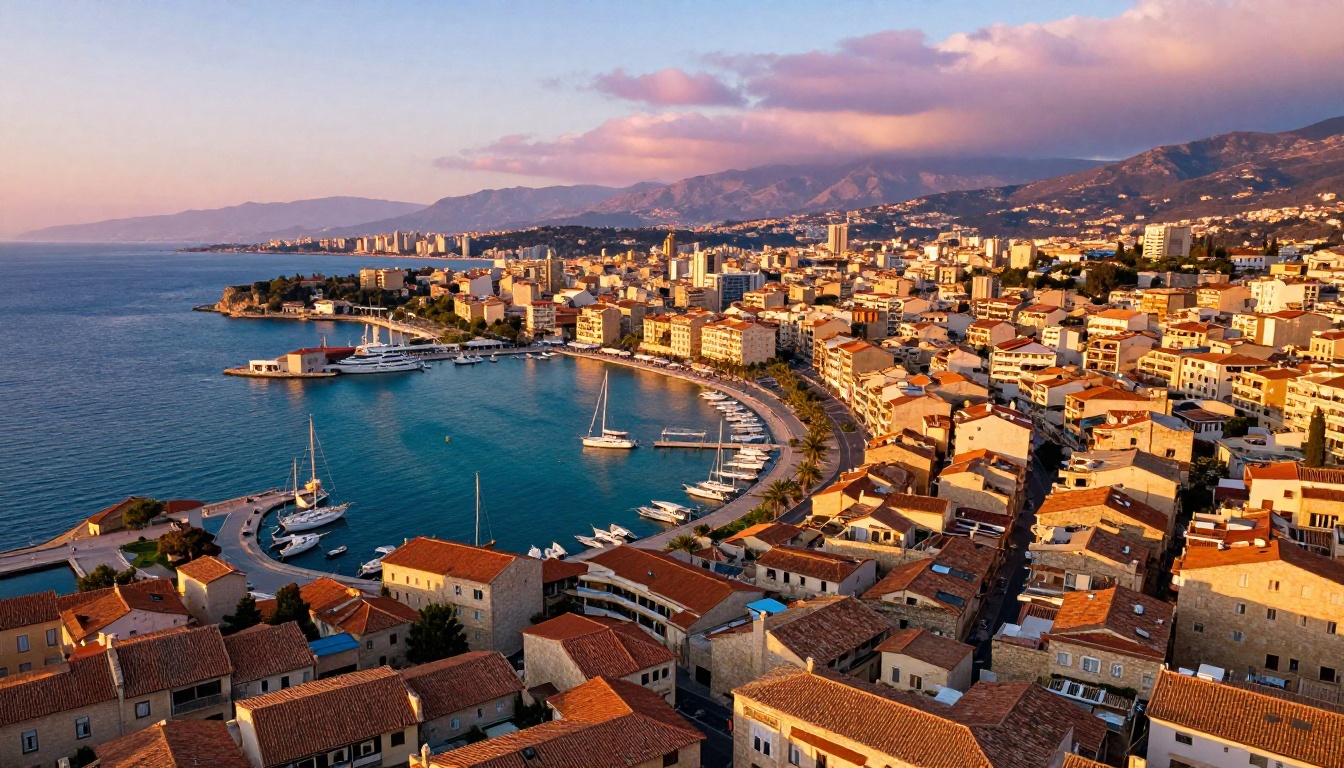 Aerial bird's-eye view of a sprawling coastal Mediterranean city at golden hour Aerial bird's-eye view of a sprawling coastal Mediterranean city at golden hour