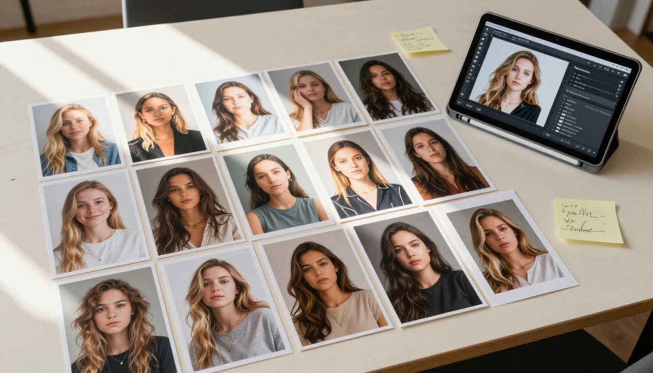 Aerial workspace with printed AI portrait variations and annotation notes Aerial workspace with printed AI portrait variations and annotation notes