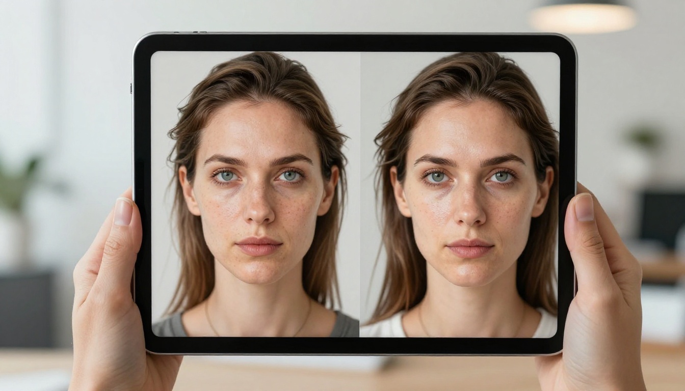 Creative director reviewing AI face consistency comparison on tablet Creative director reviewing AI face consistency comparison on tablet
