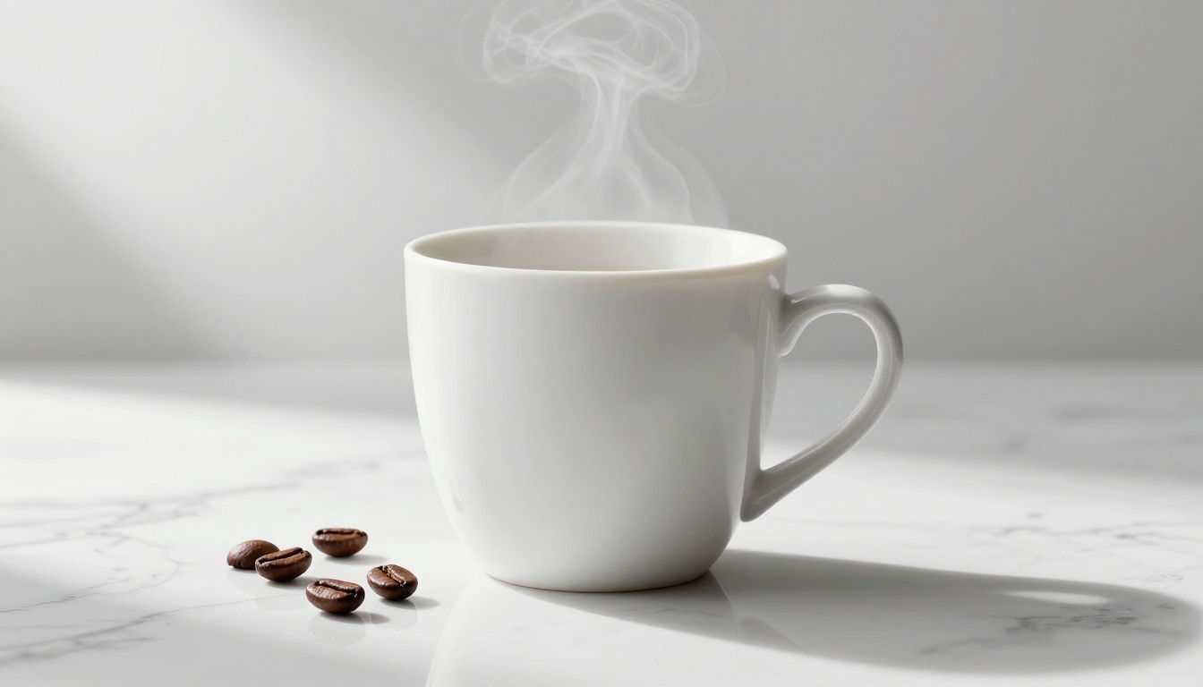 Commercial product photography of a white ceramic coffee cup on polished Carrara marble surface Commercial product photography of a white ceramic coffee cup on polished Carrara marble surface