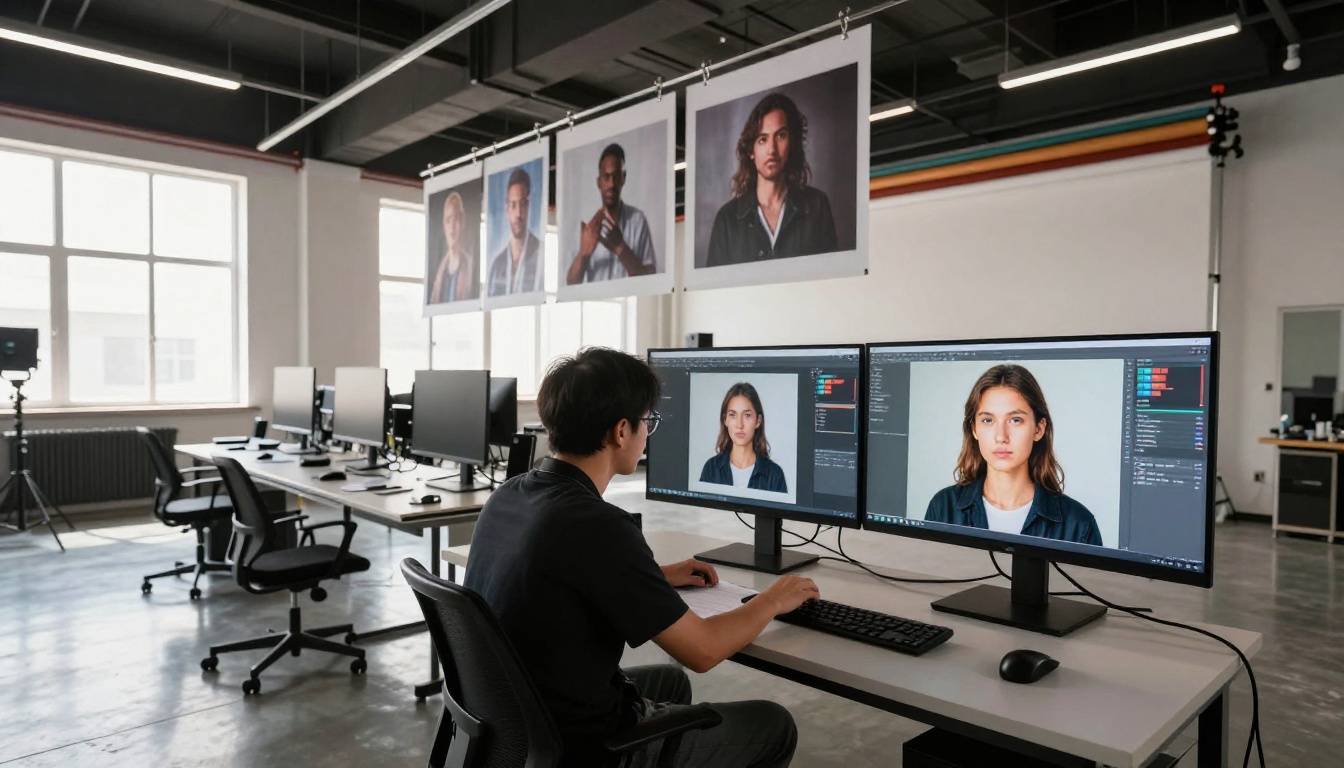 Professional photographer at dual monitors comparing standard vs upscaled AI image Professional photographer at dual monitors comparing standard vs upscaled AI image