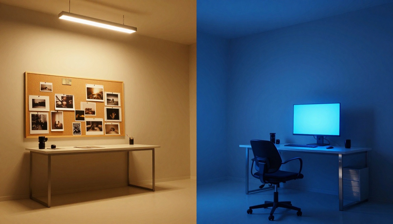 Split composition studio warm analog workspace left versus cold digital workstation right Split composition studio warm analog workspace left versus cold digital workstation right