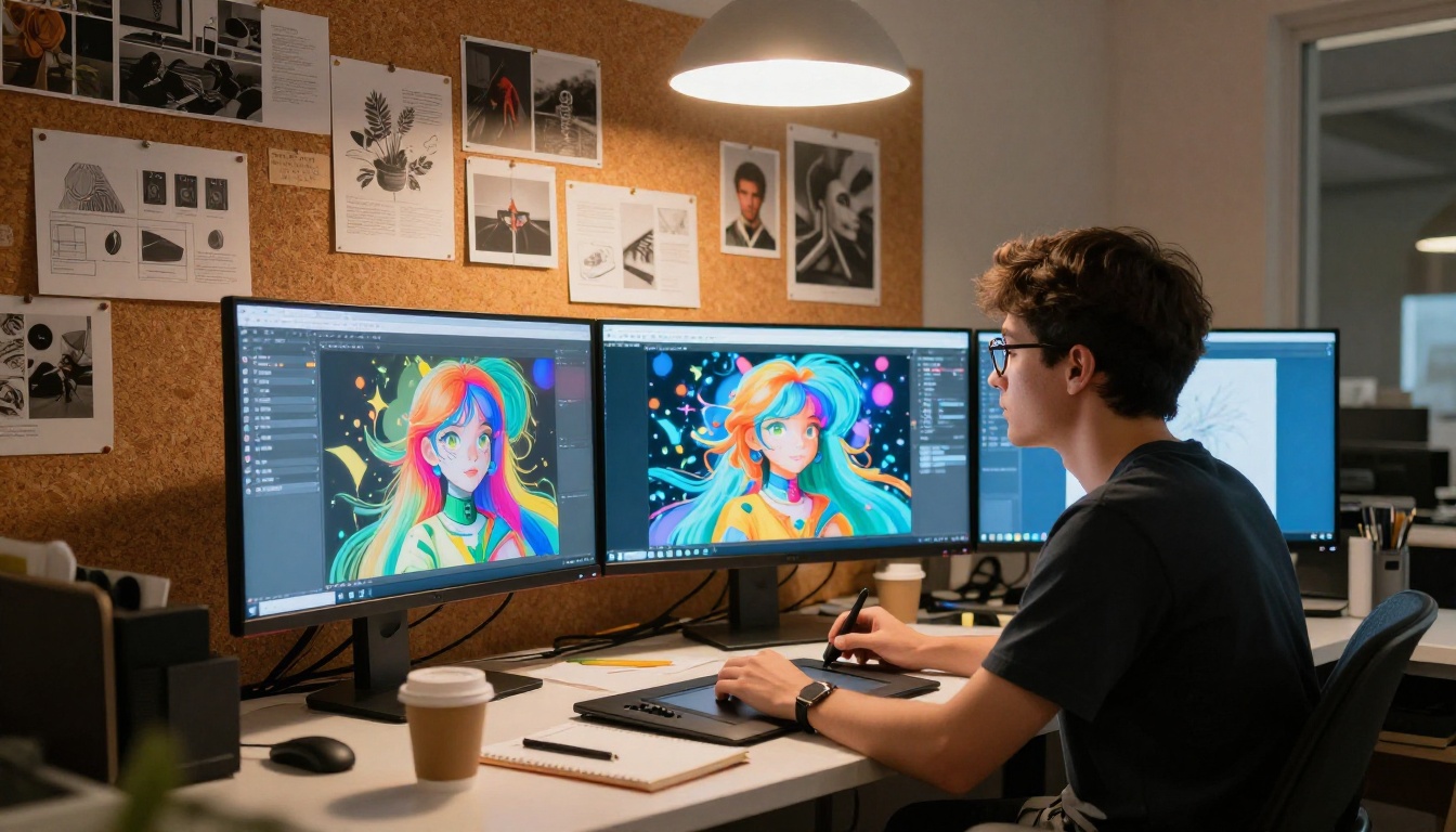 Young designer at ultrawide monitor displaying colorful AI artwork in creative studio Young designer at ultrawide monitor displaying colorful AI artwork in creative studio