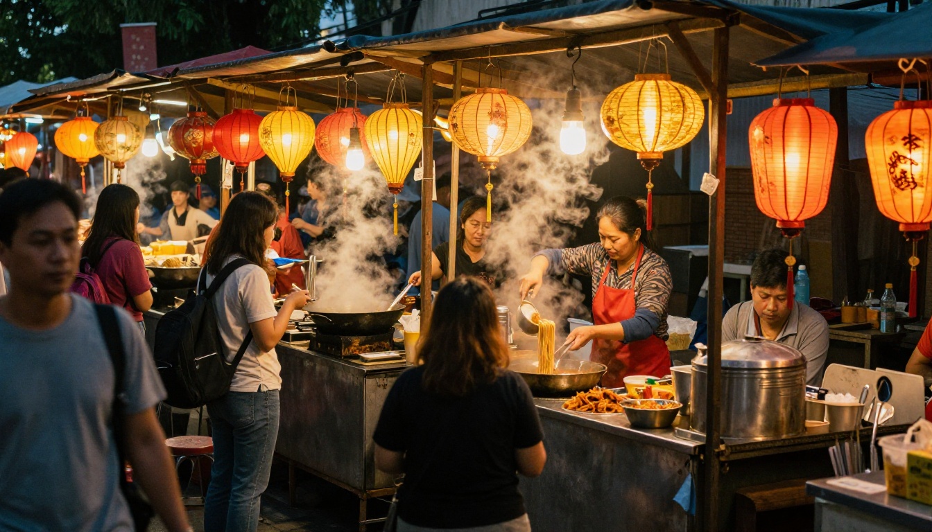 Vibrant Southeast Asian street food market at dusk with glowing lanterns and rising steam Vibrant Southeast Asian street food market at dusk with glowing lanterns and rising steam