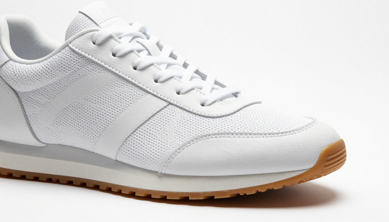 Premium white sneakers product photography, low angle studio shot