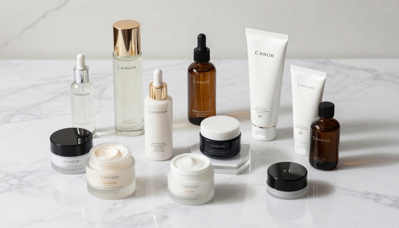 Luxury skincare products arranged in overhead flat-lay on marble surface