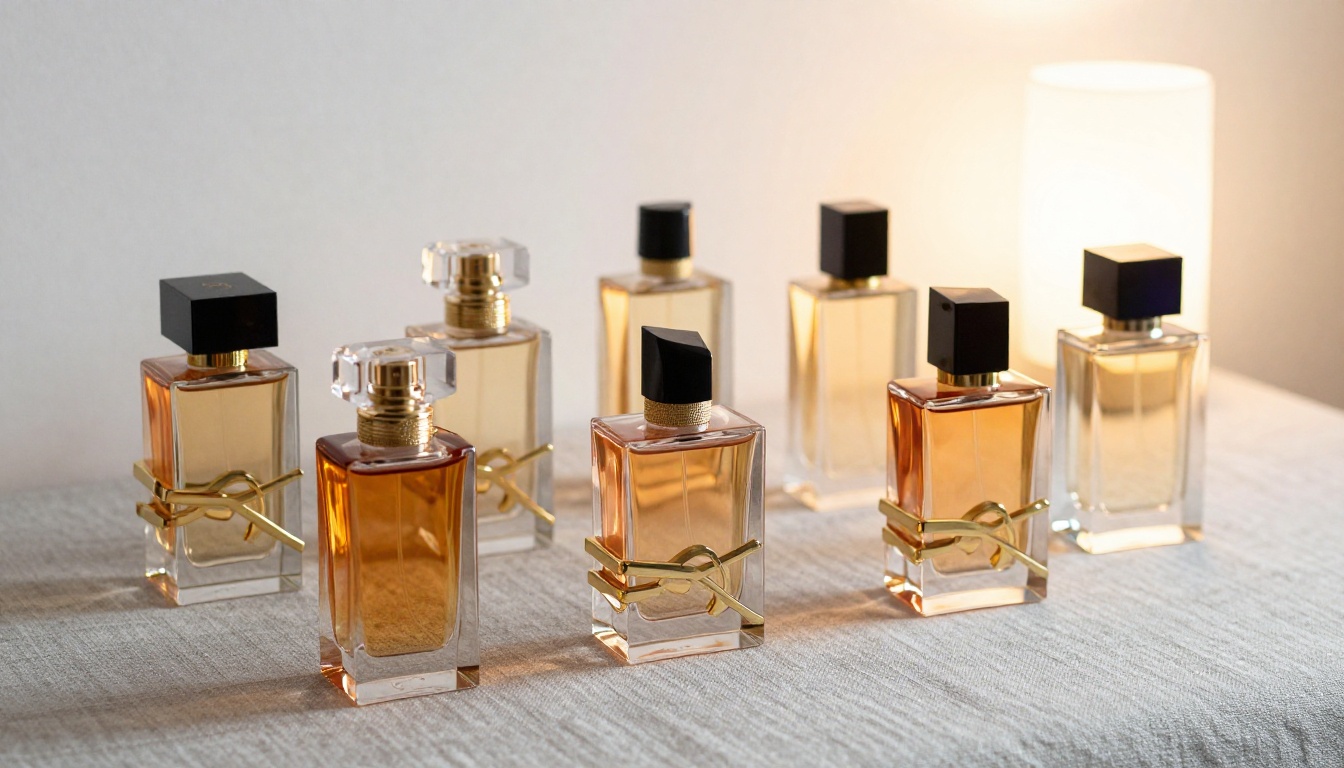Luxury perfume bottles arranged on gray linen surface, warm studio lighting