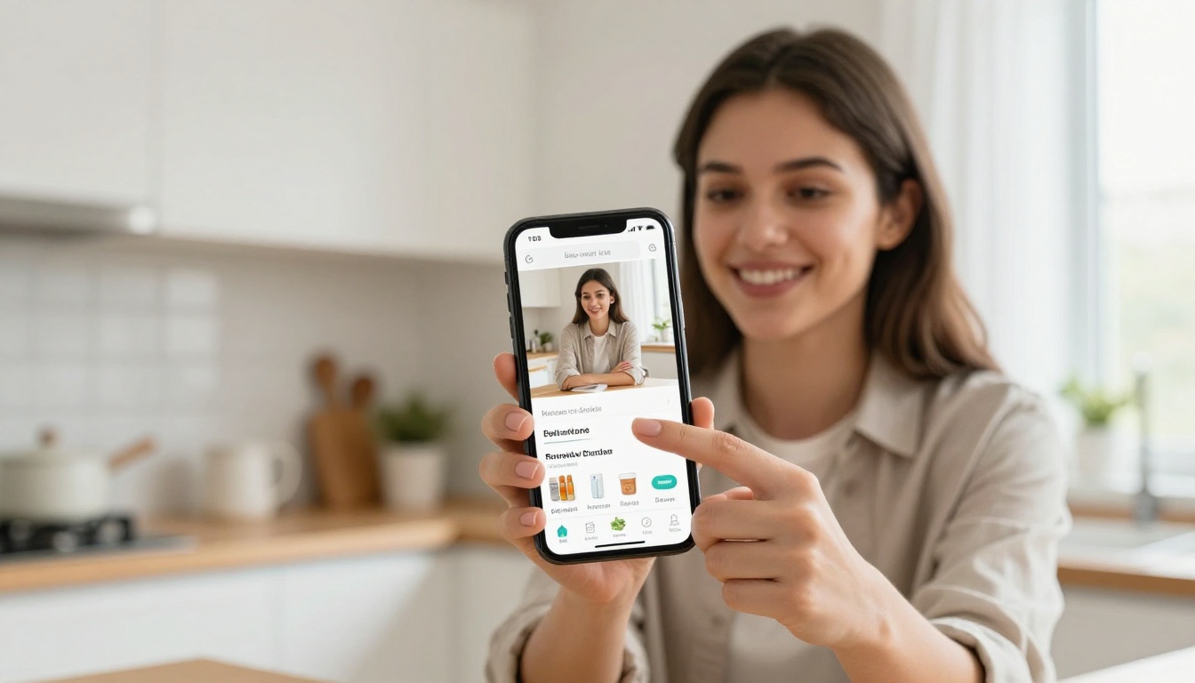 Young woman browsing shopping app on smartphone in natural kitchen light