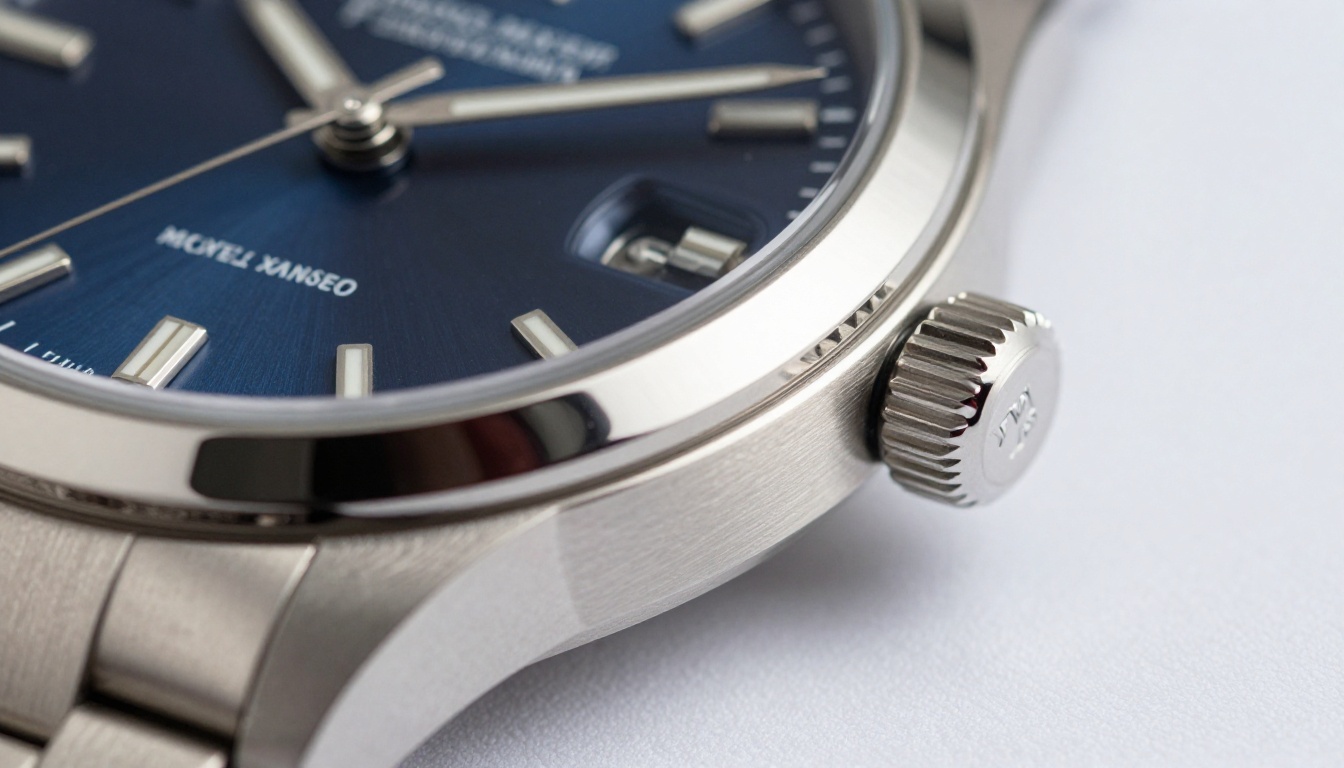 Luxury silver watch macro product photography with navy blue dial