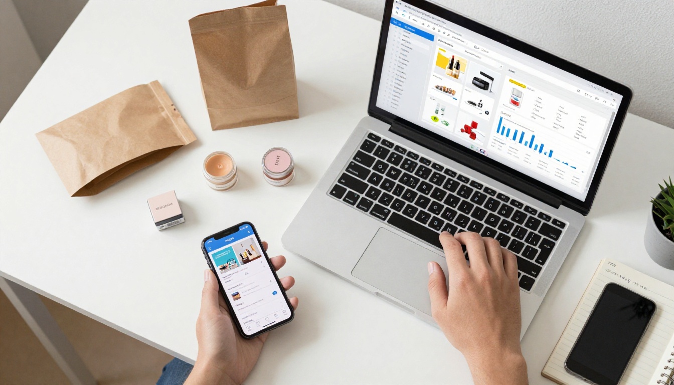 E-commerce entrepreneur workspace aerial view with product samples and analytics dashboard