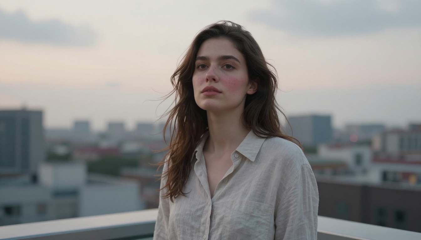 Environmental portrait on a city rooftop showing atmospheric urban lighting Environmental portrait on a city rooftop showing atmospheric urban lighting