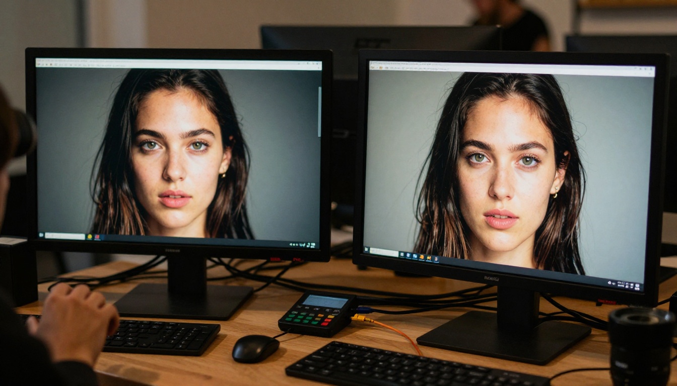 Two professionals reviewing portrait quality on calibrated monitors Two professionals reviewing portrait quality on calibrated monitors