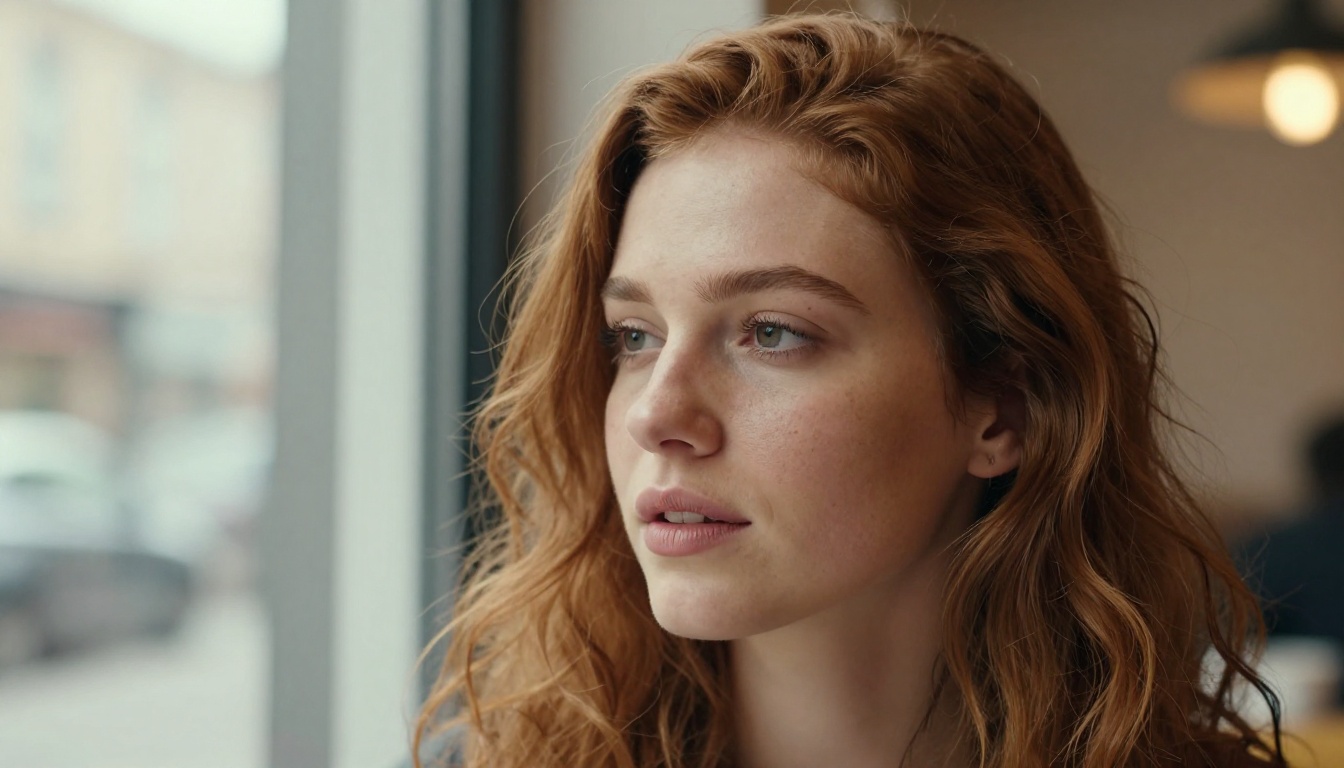 Natural light portrait of a woman in a cafe window showing authentic skin and hair detail Natural light portrait of a woman in a cafe window showing authentic skin and hair detail