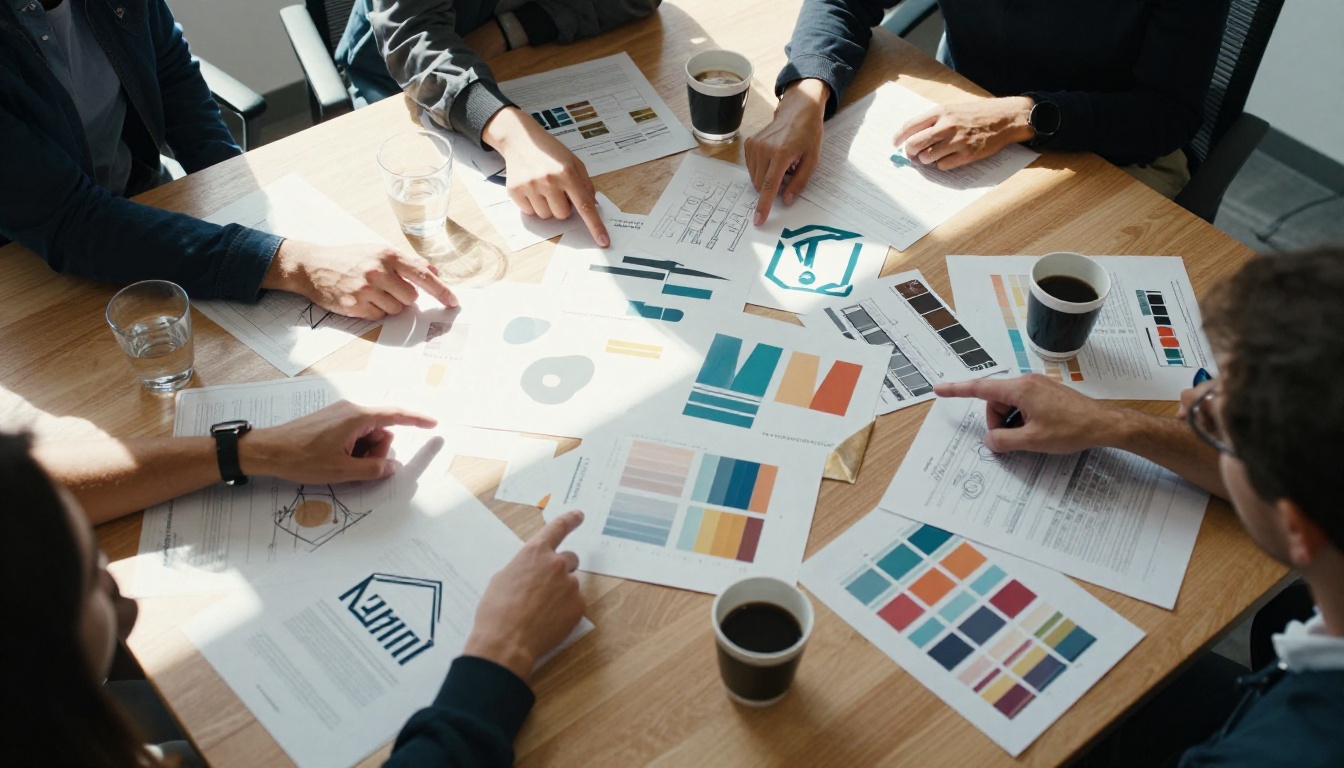 Aerial bird's-eye view of a creative team's conference table covered in printed design mockups, brand identity documents, and color swatches, with hands reaching across the table from four directions Aerial bird's-eye view of a creative team's conference table covered in printed design mockups, brand identity documents, and color swatches, with hands reaching across the table from four directions