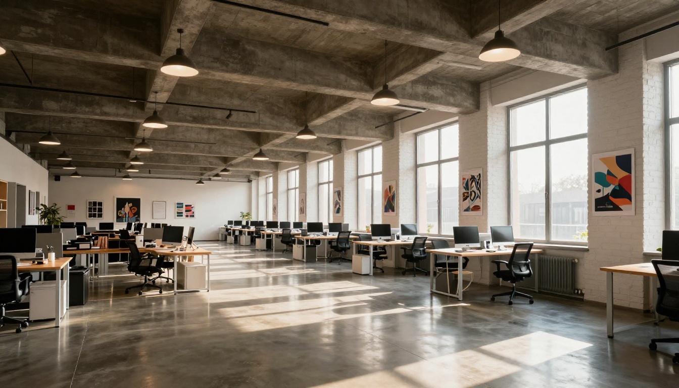 Low-angle dramatic ground-level shot looking up at a modern open-plan creative agency interior, geometric concrete ceiling beams creating strong leading lines, iMacs visible on standing desks, afternoon light cutting through tall windows in angled shafts across polished concrete floors Low-angle dramatic ground-level shot looking up at a modern open-plan creative agency interior, geometric concrete ceiling beams creating strong leading lines, iMacs visible on standing desks, afternoon light cutting through tall windows in angled shafts across polished concrete floors