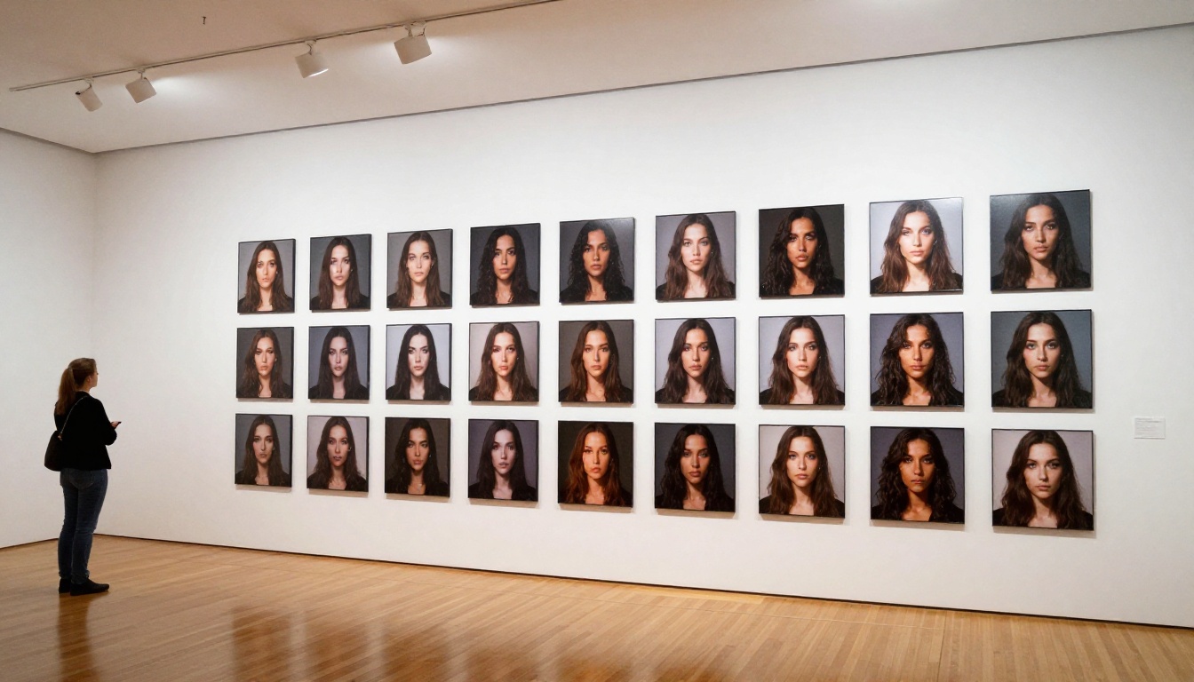 Wide shot of a clean gallery wall displaying a perfectly organized grid of large printed photographs showing the same character in six different styled scenes and environments, consistency of face and identity visible across all prints Wide shot of a clean gallery wall displaying a perfectly organized grid of large printed photographs showing the same character in six different styled scenes and environments, consistency of face and identity visible across all prints