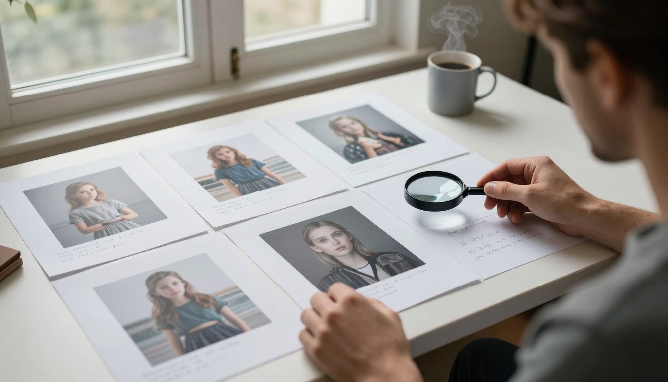 Over-the-shoulder view of a photographer at a wide editing desk reviewing multiple large prints spread flat, comparing AI image test outputs with annotations in the margins Over-the-shoulder view of a photographer at a wide editing desk reviewing multiple large prints spread flat, comparing AI image test outputs with annotations in the margins