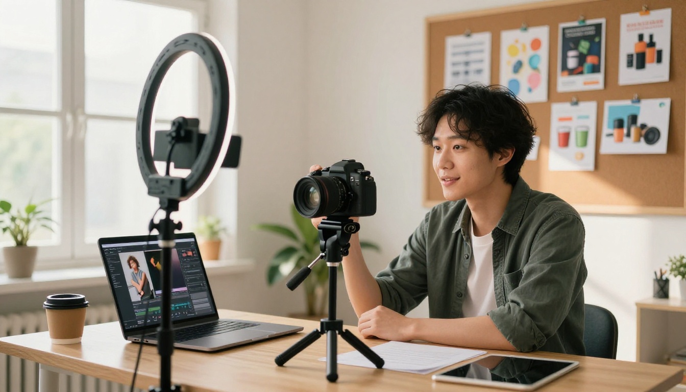 Professional content creator in a bright home studio facing a mirrorless camera on a tripod, ring light casting soft even illumination, laptop to the side showing image editing software, colorful brand materials pinned to a corkboard behind them Professional content creator in a bright home studio facing a mirrorless camera on a tripod, ring light casting soft even illumination, laptop to the side showing image editing software, colorful brand materials pinned to a corkboard behind them