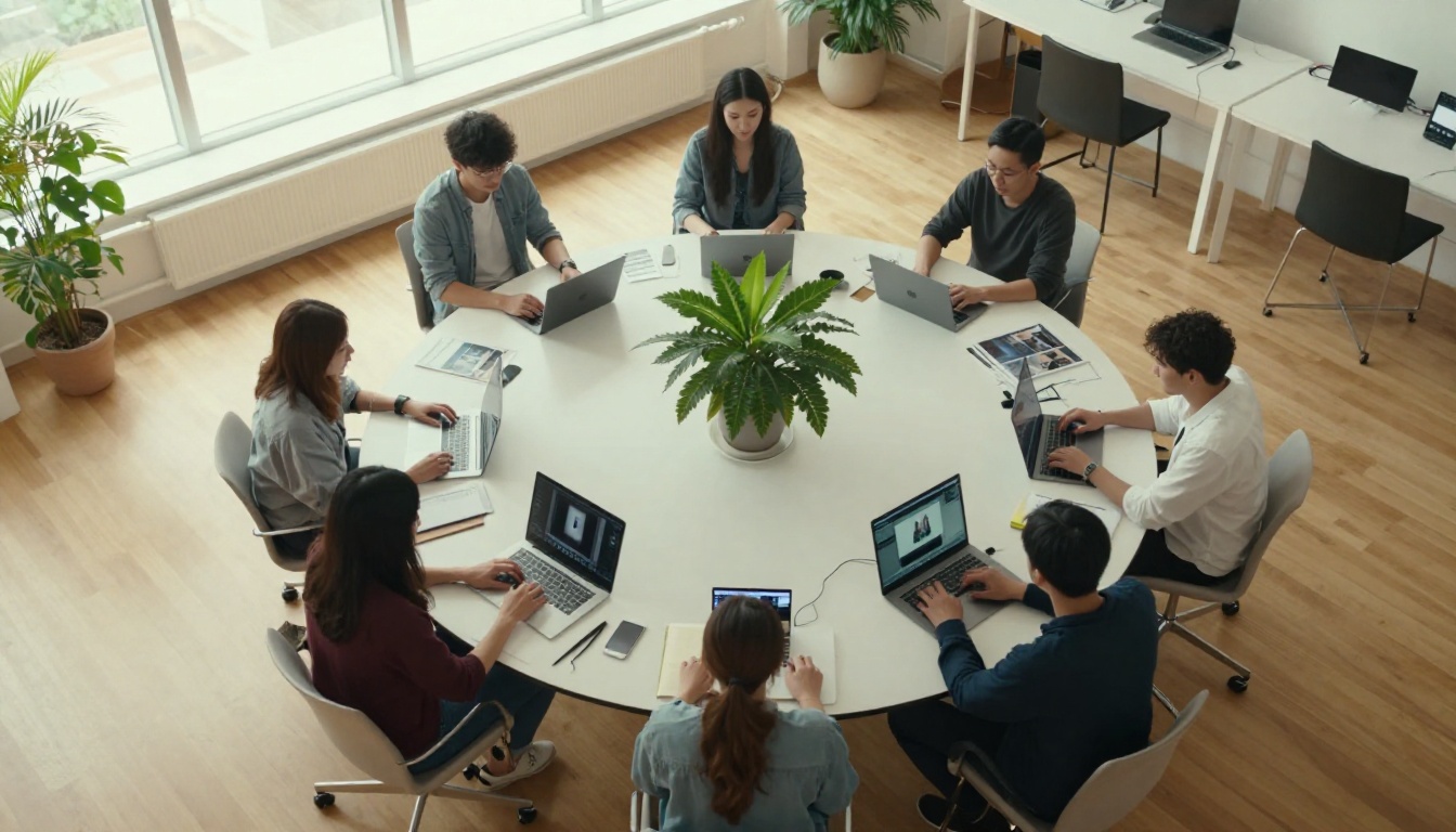 Aerial view from directly above of a creative team of five people seated at a large round table, each working on a different device showing image generation software, natural daylight streaming from a skylight above Aerial view from directly above of a creative team of five people seated at a large round table, each working on a different device showing image generation software, natural daylight streaming from a skylight above