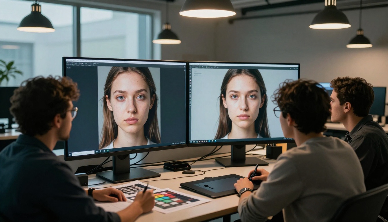 Team of creative professionals comparing AI-generated images side by side on studio monitors Team of creative professionals comparing AI-generated images side by side on studio monitors