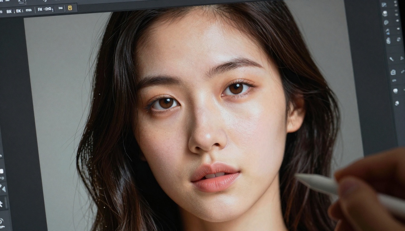 Extreme close-up of a high-resolution monitor displaying a razor-sharp AI-generated portrait with pixel-level detail Extreme close-up of a high-resolution monitor displaying a razor-sharp AI-generated portrait with pixel-level detail
