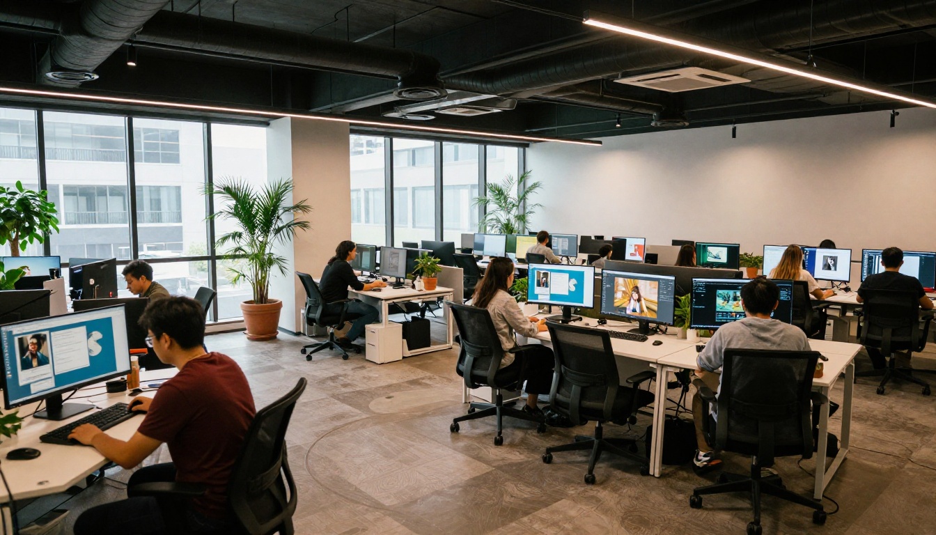 Modern open-plan creative agency office with designers working on AI image projects Modern open-plan creative agency office with designers working on AI image projects