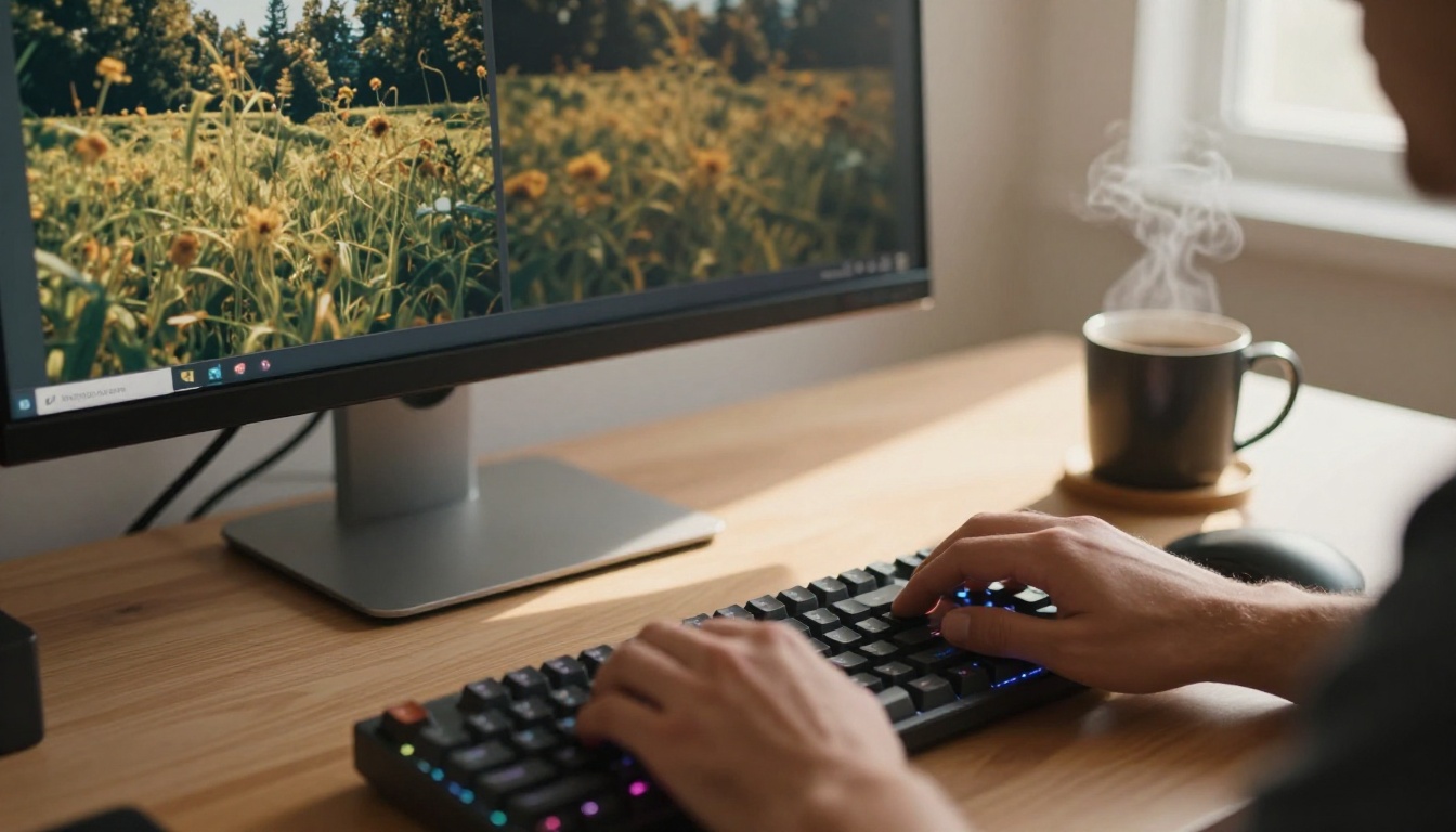 Close-up of hands typing on a mechanical keyboard with a wide monitor showing AI image comparisons in the background Close-up of hands typing on a mechanical keyboard with a wide monitor showing AI image comparisons in the background