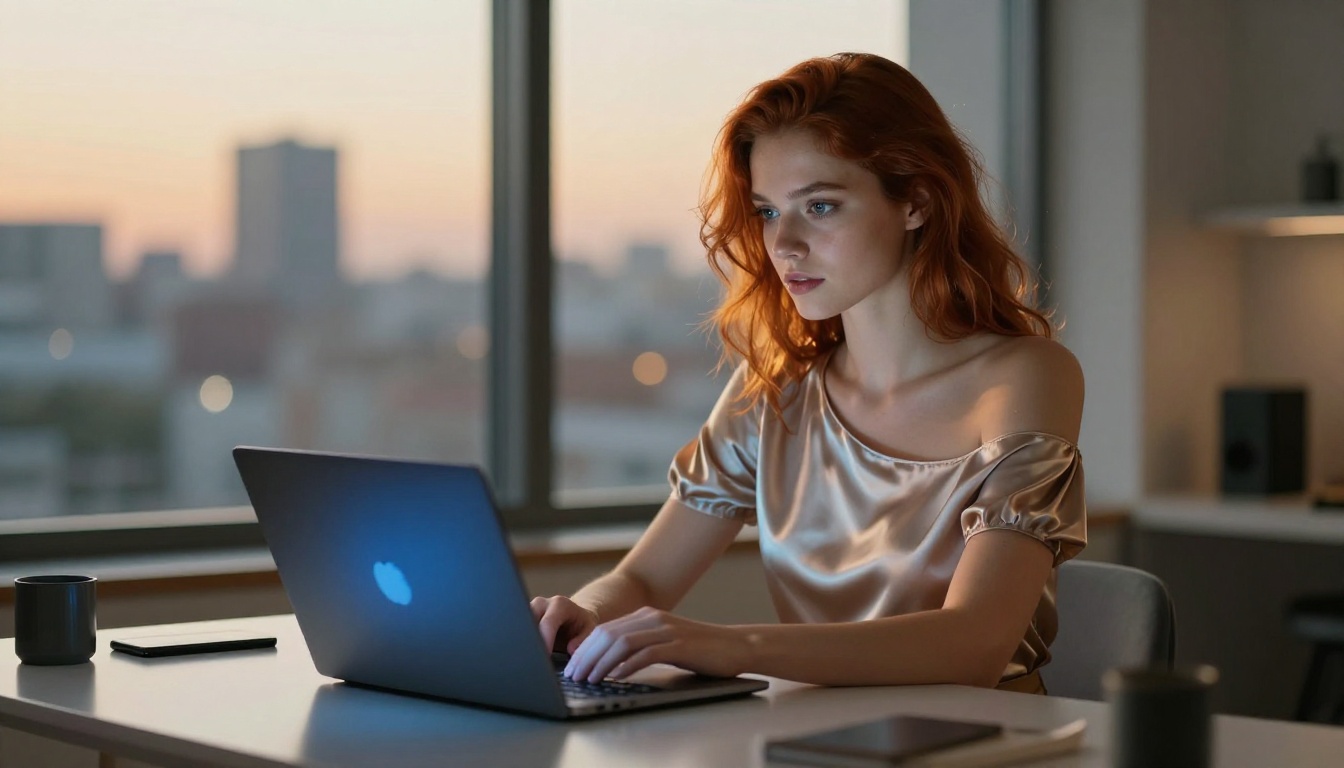 AI image generation at a laptop in a warm studio setting AI image generation at a laptop in a warm studio setting