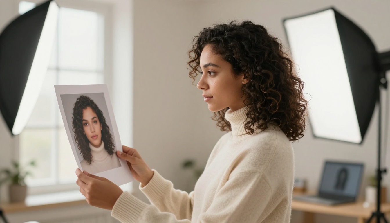Young woman comparing a printed photograph to an AI-generated version on a laptop screen in a photography studio Young woman comparing a printed photograph to an AI-generated version on a laptop screen in a photography studio