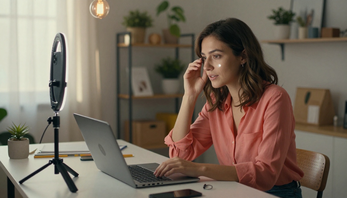 Content creator woman at a home studio desk with ring light and laptop showing AI-generated social media images Content creator woman at a home studio desk with ring light and laptop showing AI-generated social media images