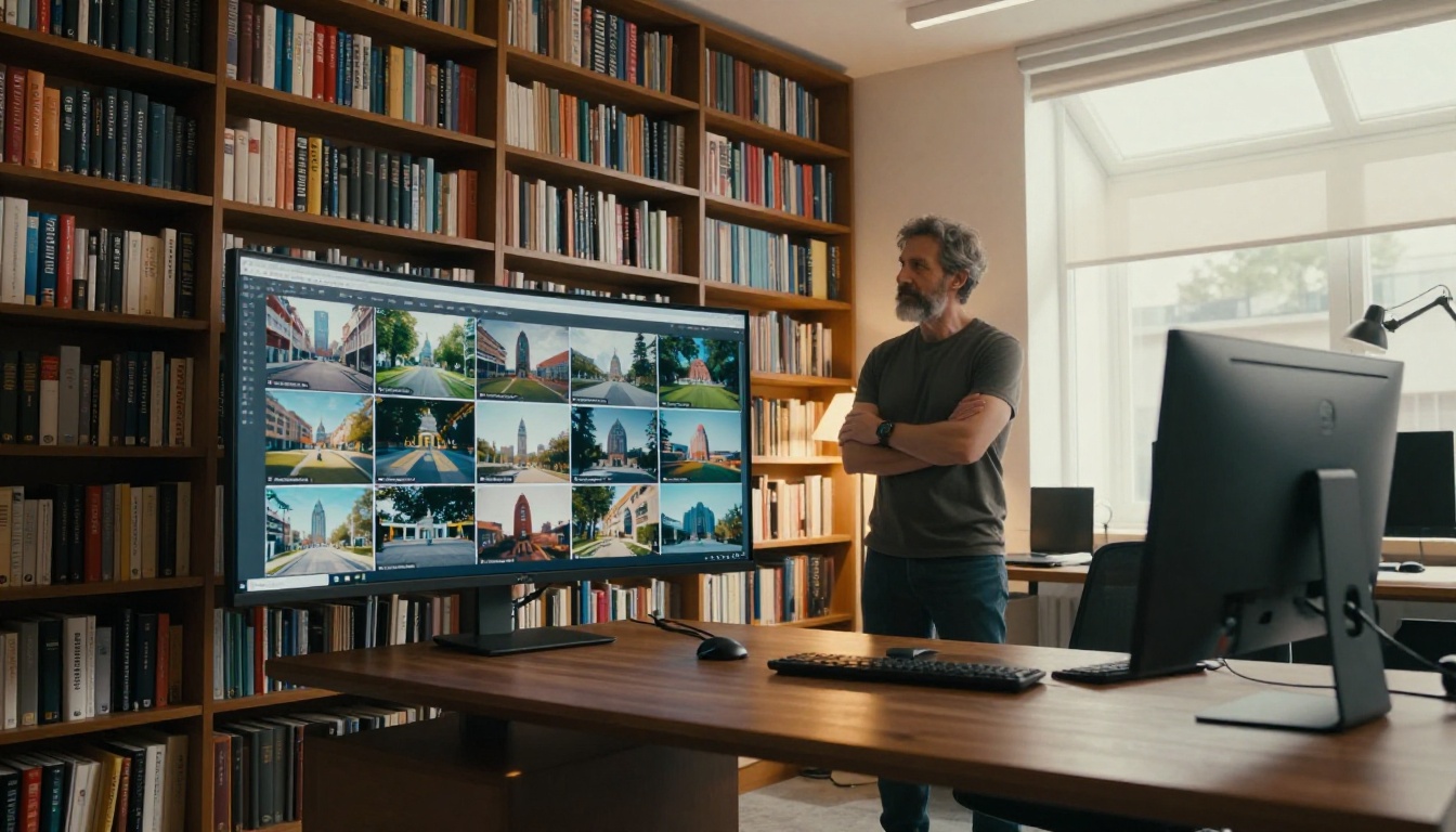 Creative director standing at a walnut desk reviewing a grid of AI-generated images on a curved monitor Creative director standing at a walnut desk reviewing a grid of AI-generated images on a curved monitor