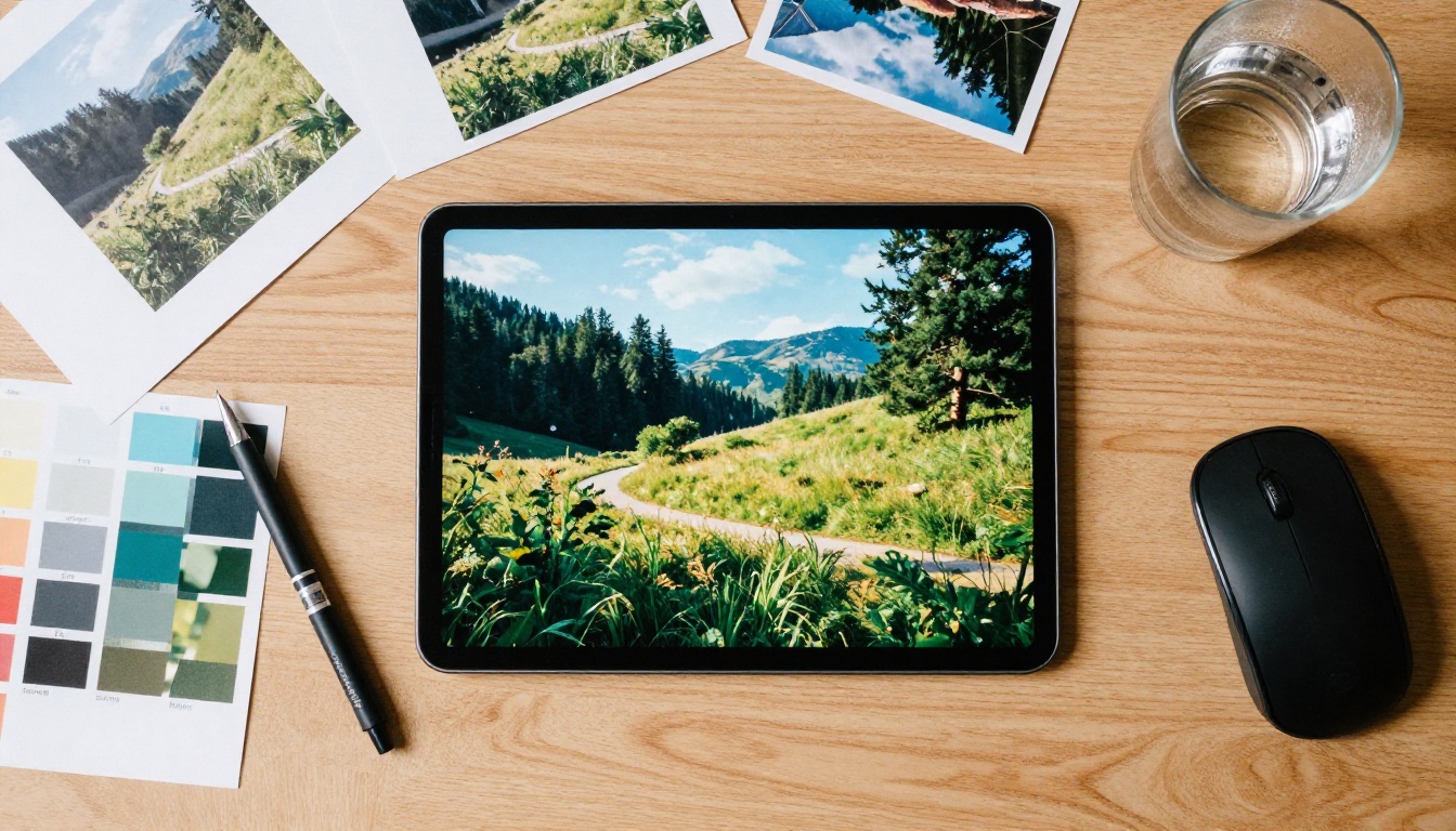 Designer's workspace flat-lay with a tablet showing an AI-generated photorealistic landscape surrounded by color swatches and reference prints Designer's workspace flat-lay with a tablet showing an AI-generated photorealistic landscape surrounded by color swatches and reference prints
